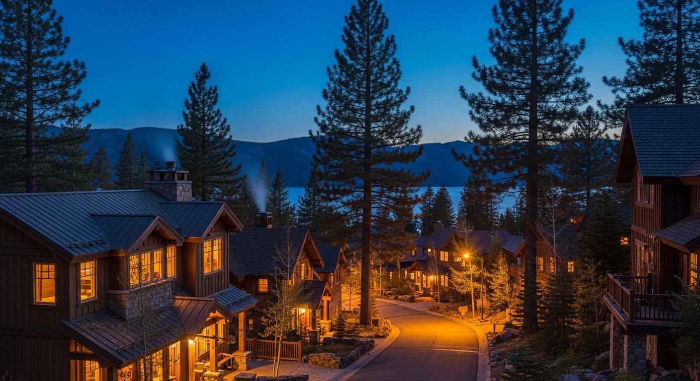 Snow-capped Sierra peaks above a Lake Tahoe community